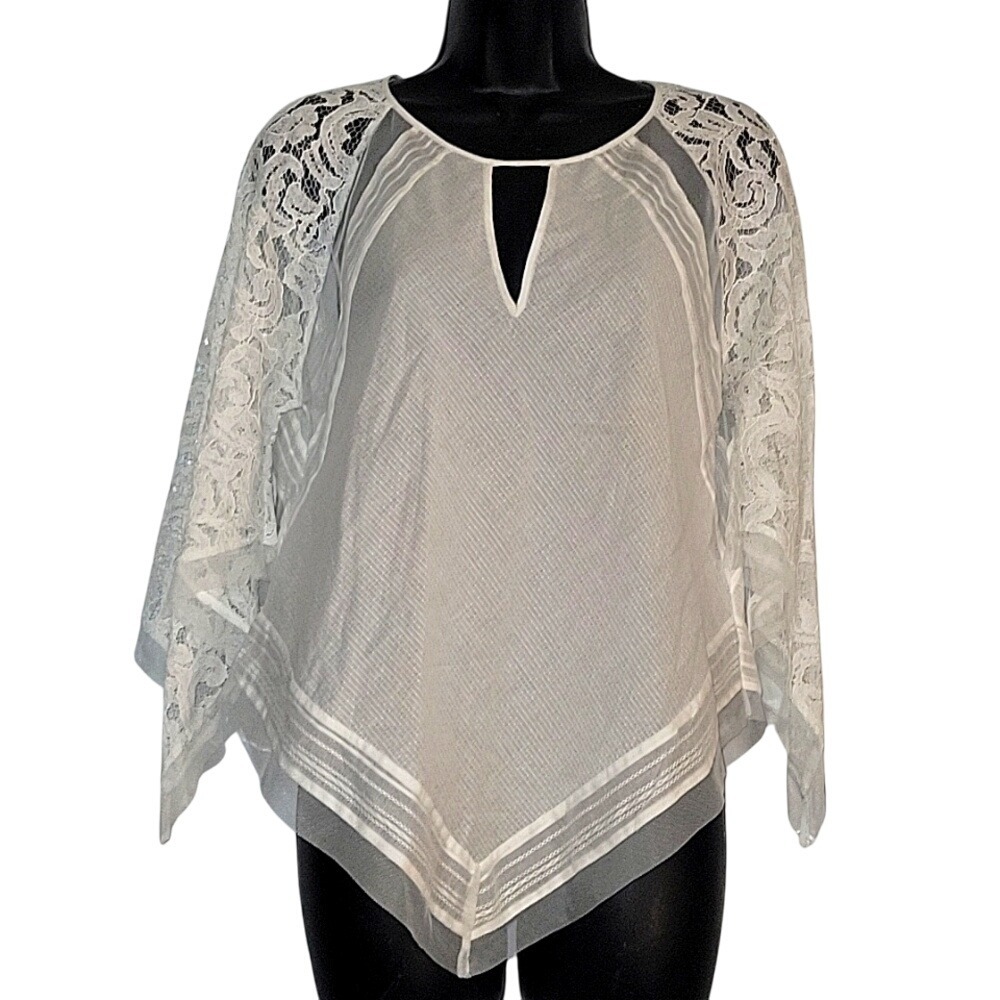 Lace Sleeve Poncho Top Keyhole Neckline Sheer White Overlay‎